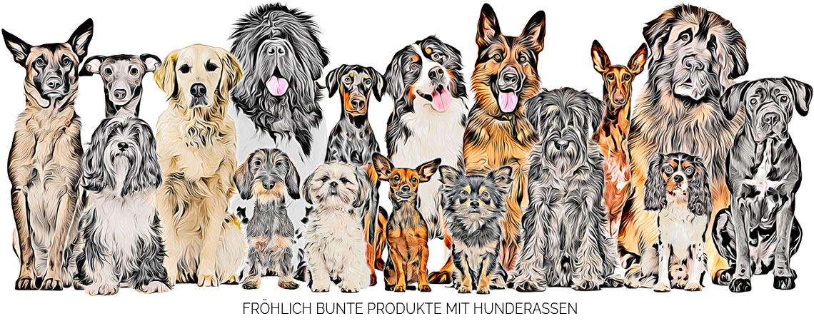 fröhlich bunte Produkte mit Hunderassen - für Hundebesitzer & Hundeliebhaber